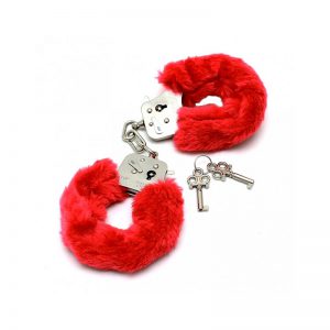Stalen Handboeien met rood bont | Desireshop.nl | Alkmaar